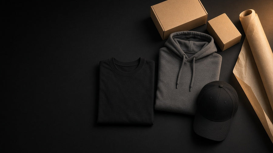Overhead flat-lay of an employee swag set with a folded tee, hoodie and hat beside kraft shipping boxes on black