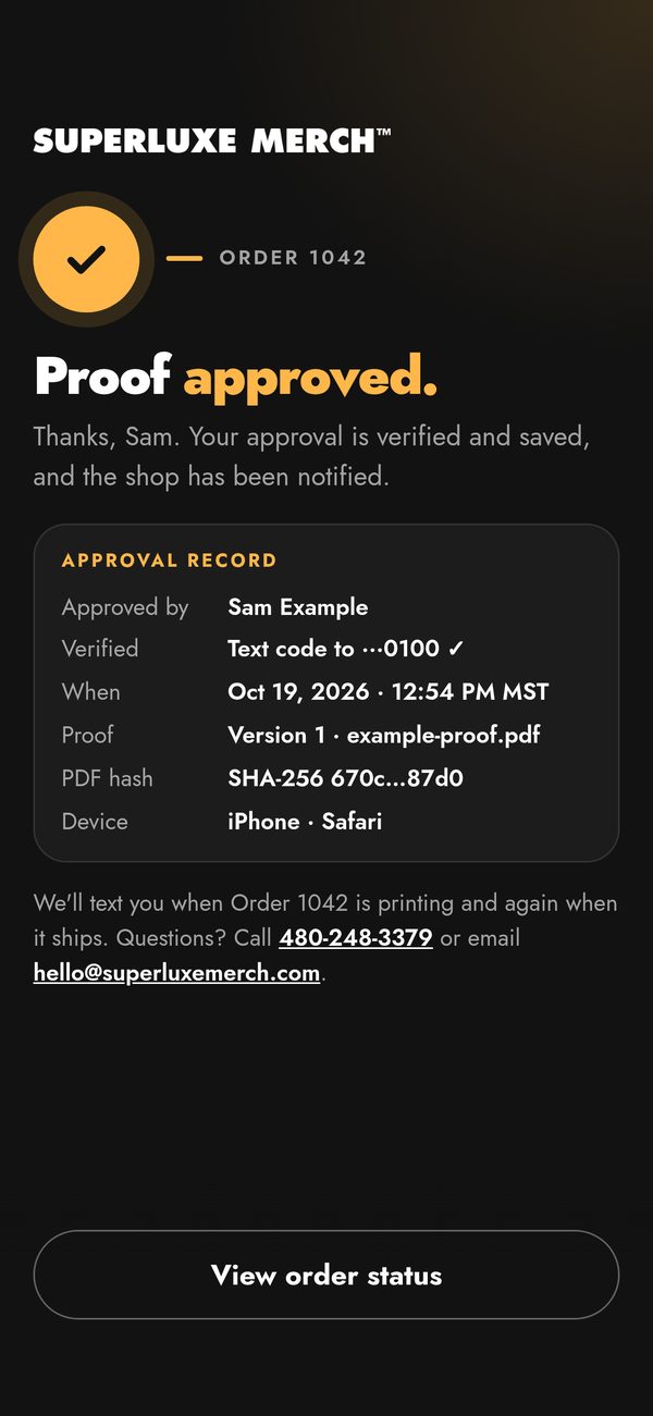 Example Proof approved screen showing the approval record