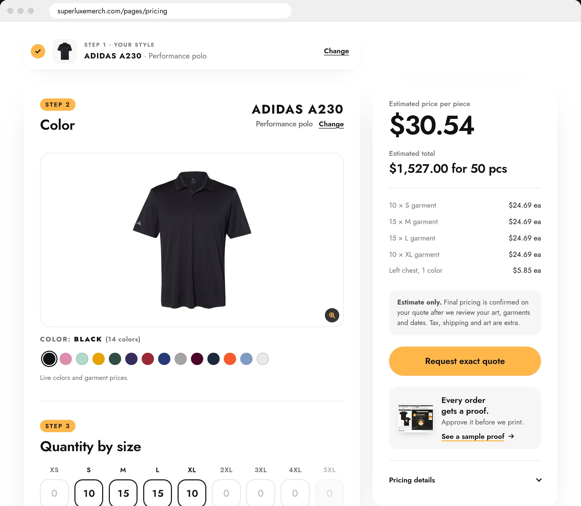 Superluxe instant pricing estimator showing an Adidas A230 polo in Black at $30.54 per piece for 50 pieces