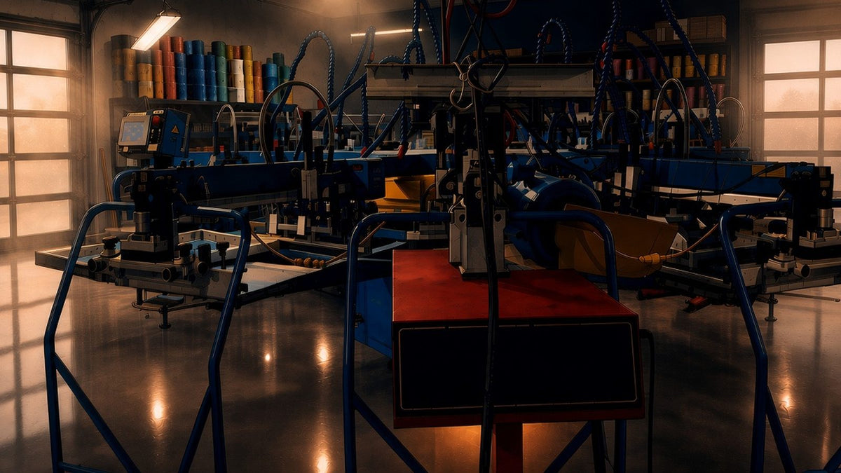 Automatic screen printing presses on the Superluxe Merch shop floor in Phoenix, where VBS shirts are printed