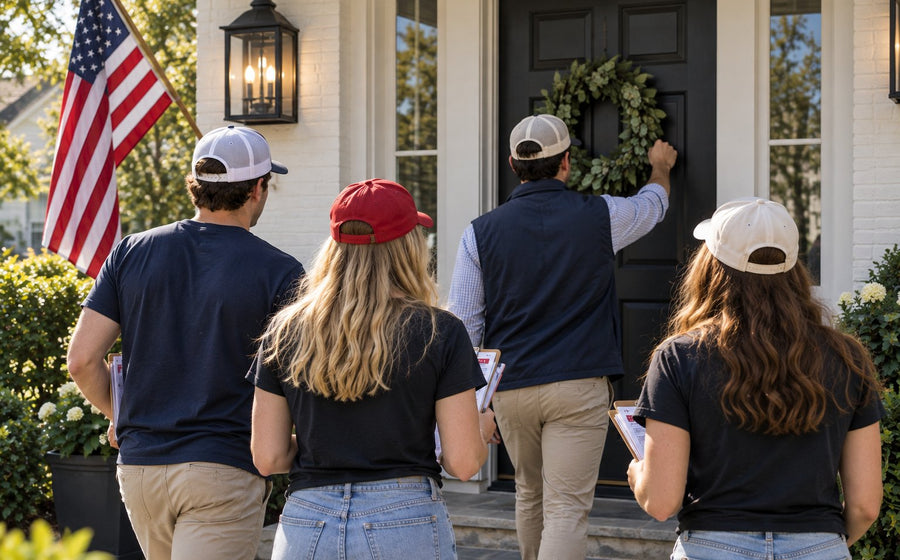 Volunteers canvassing door to door with clipboards