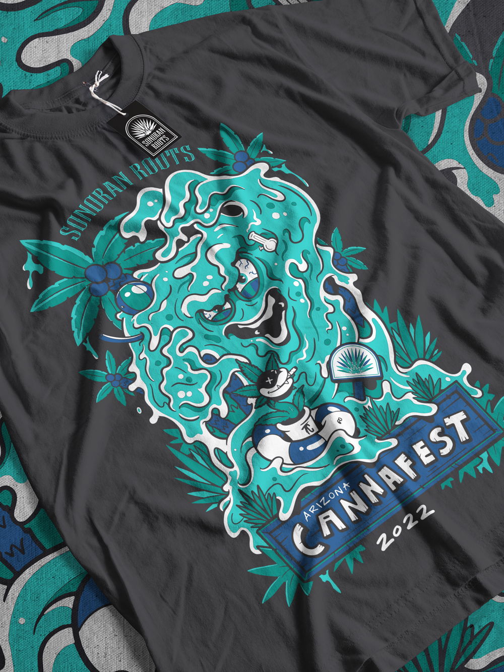 Discharge-printed tees with a detailed multi-color design