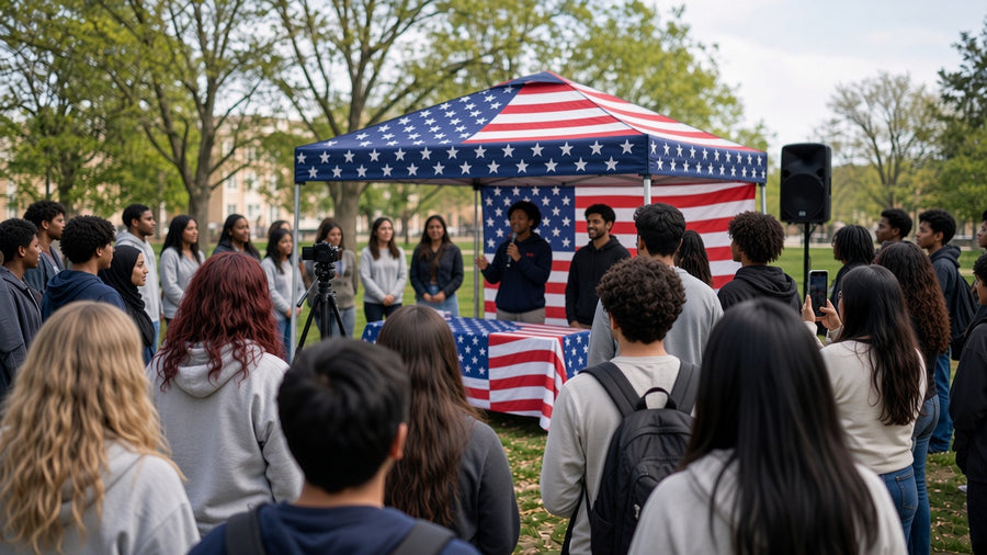 Students gathered around an American flag tent at a campus event