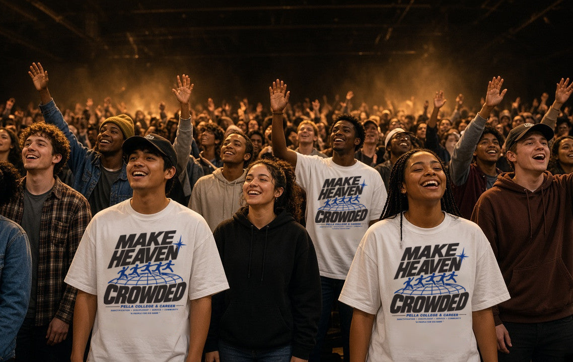 Worship conference crowd wearing custom Make Heaven Crowded tees printed by Superluxe Merch