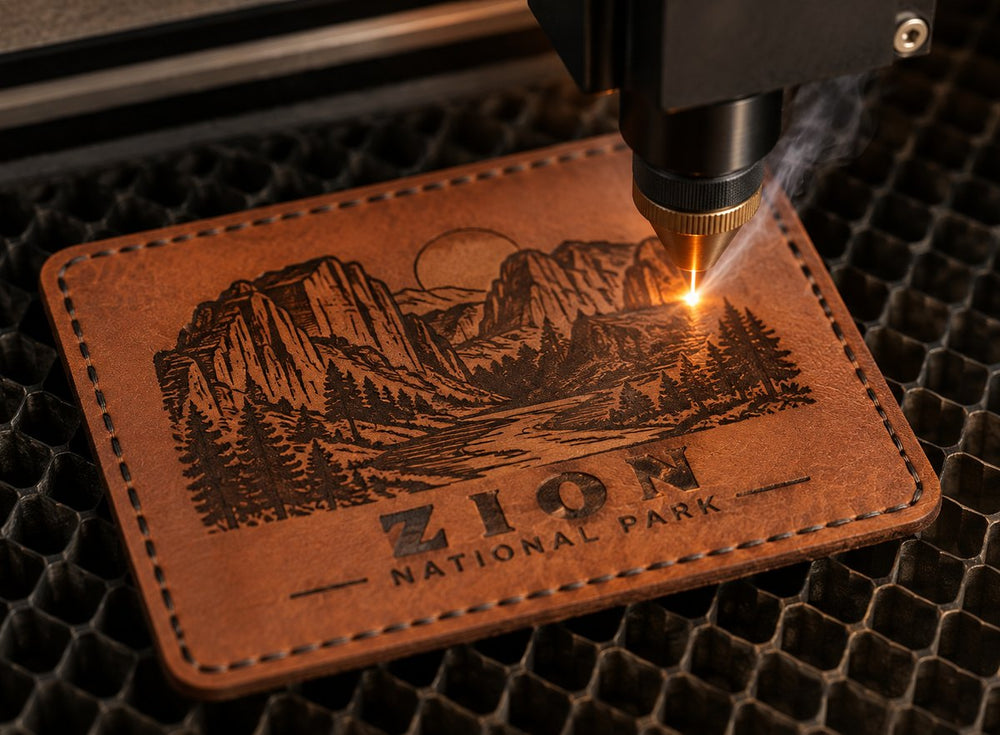 Laser engraving a leatherette patch at Superluxe Merch