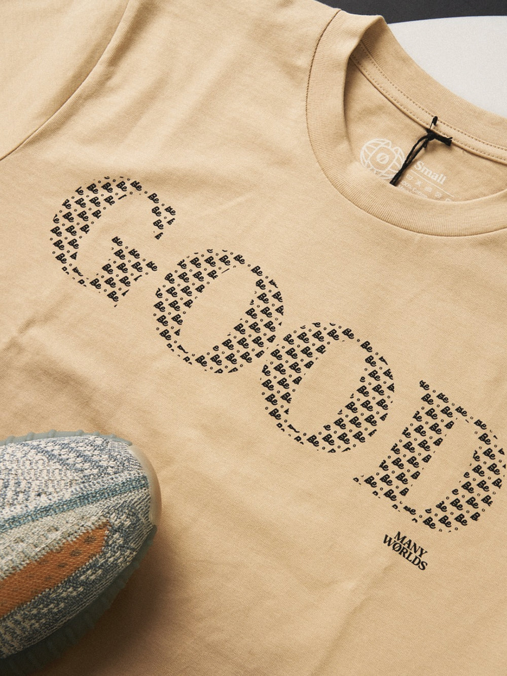 Close-up of a soft-hand water-based print on a tee