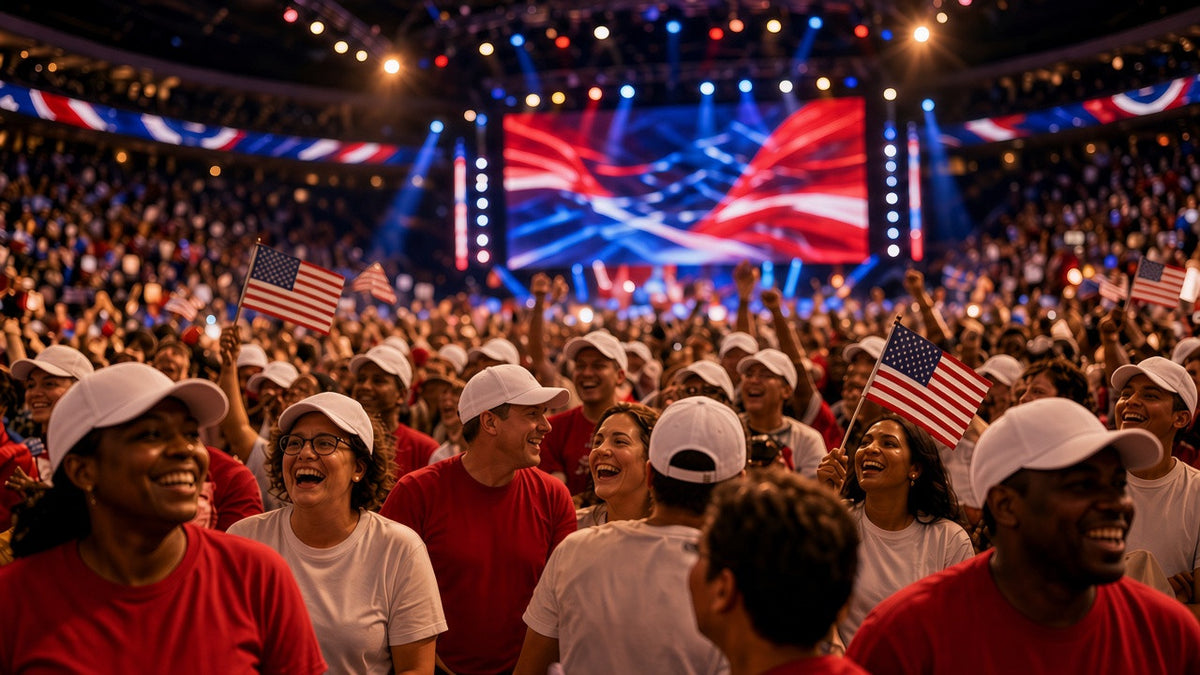 Convention crowd in custom red tees and white caps printed by Superluxe Merch