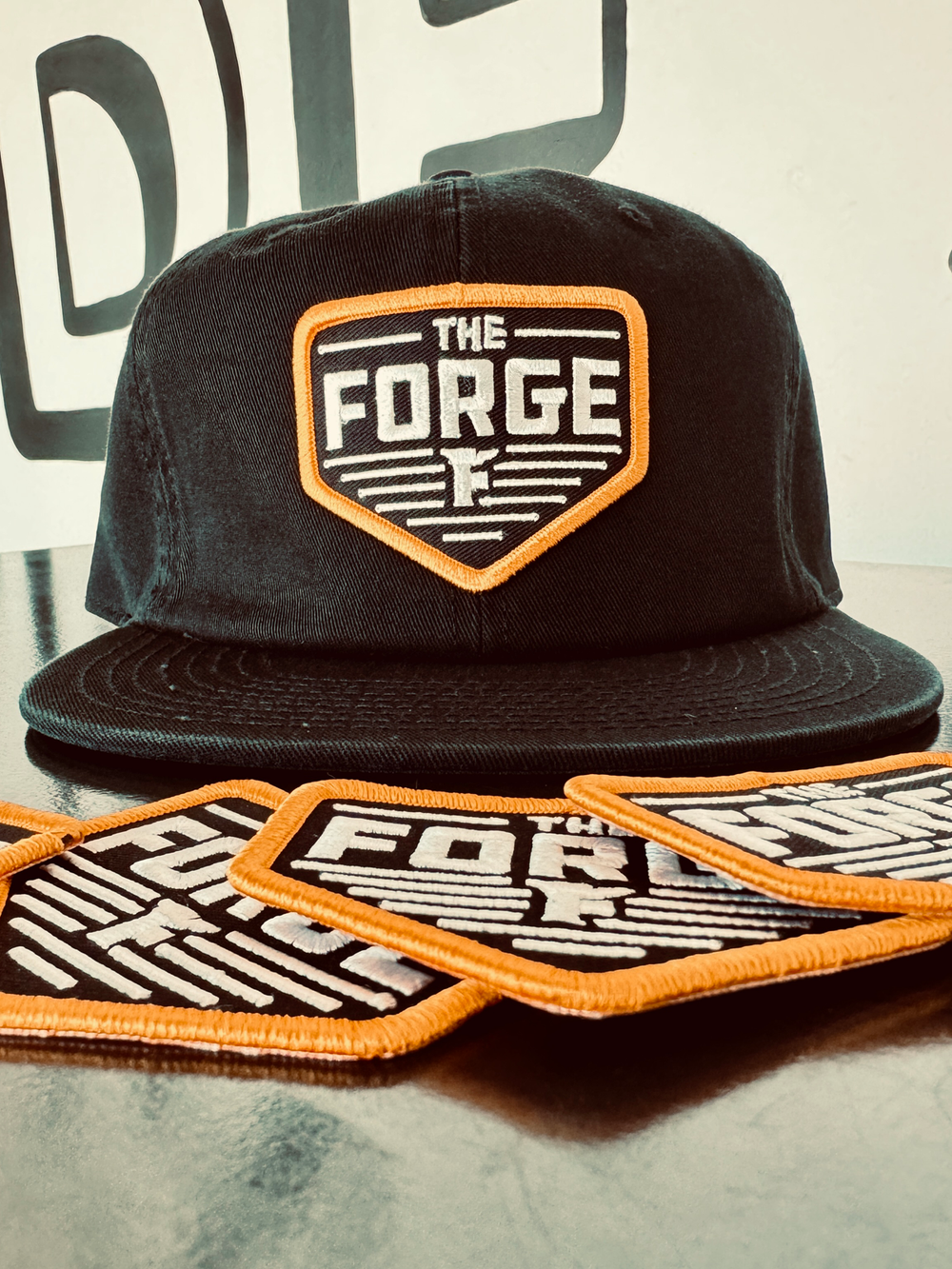 Close-up of embroidered patches with merrowed edges