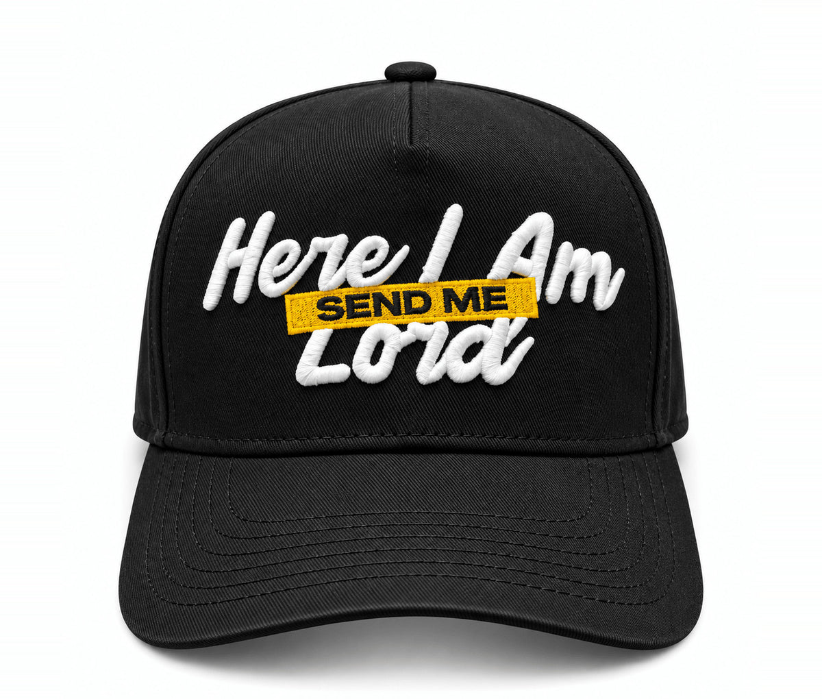 White puff embroidery script on a black trucker hat
