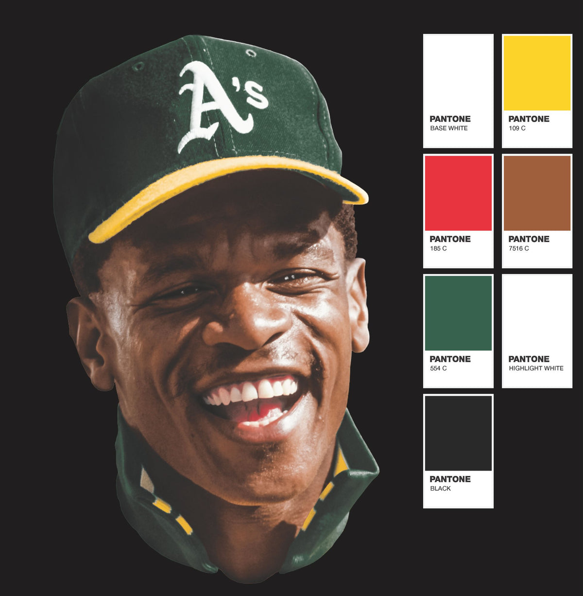 Print proof for the Rickey Henderson tribute tee showing the full-color artwork and its seven Pantone ink colors
