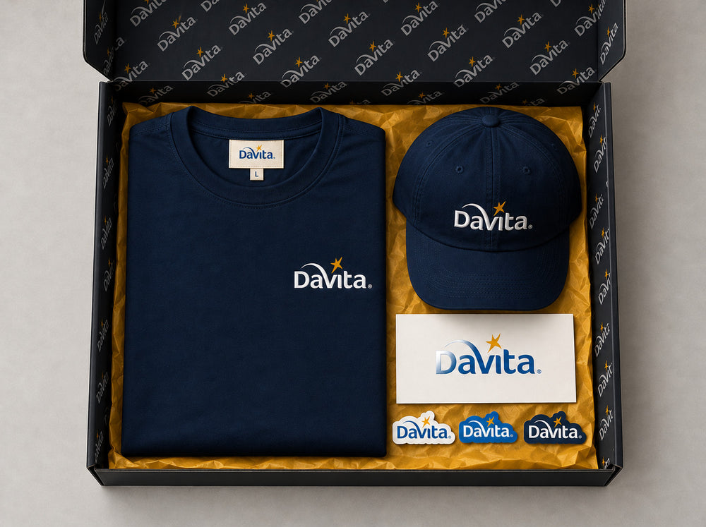 DaVita branded merch kit: tee, cap, insert card and stickers in a printed mailer box
