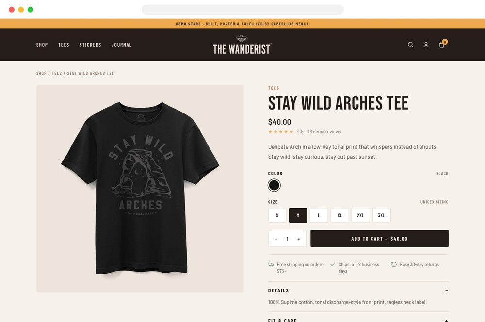 The Wanderist demo store product page shown in a browser window