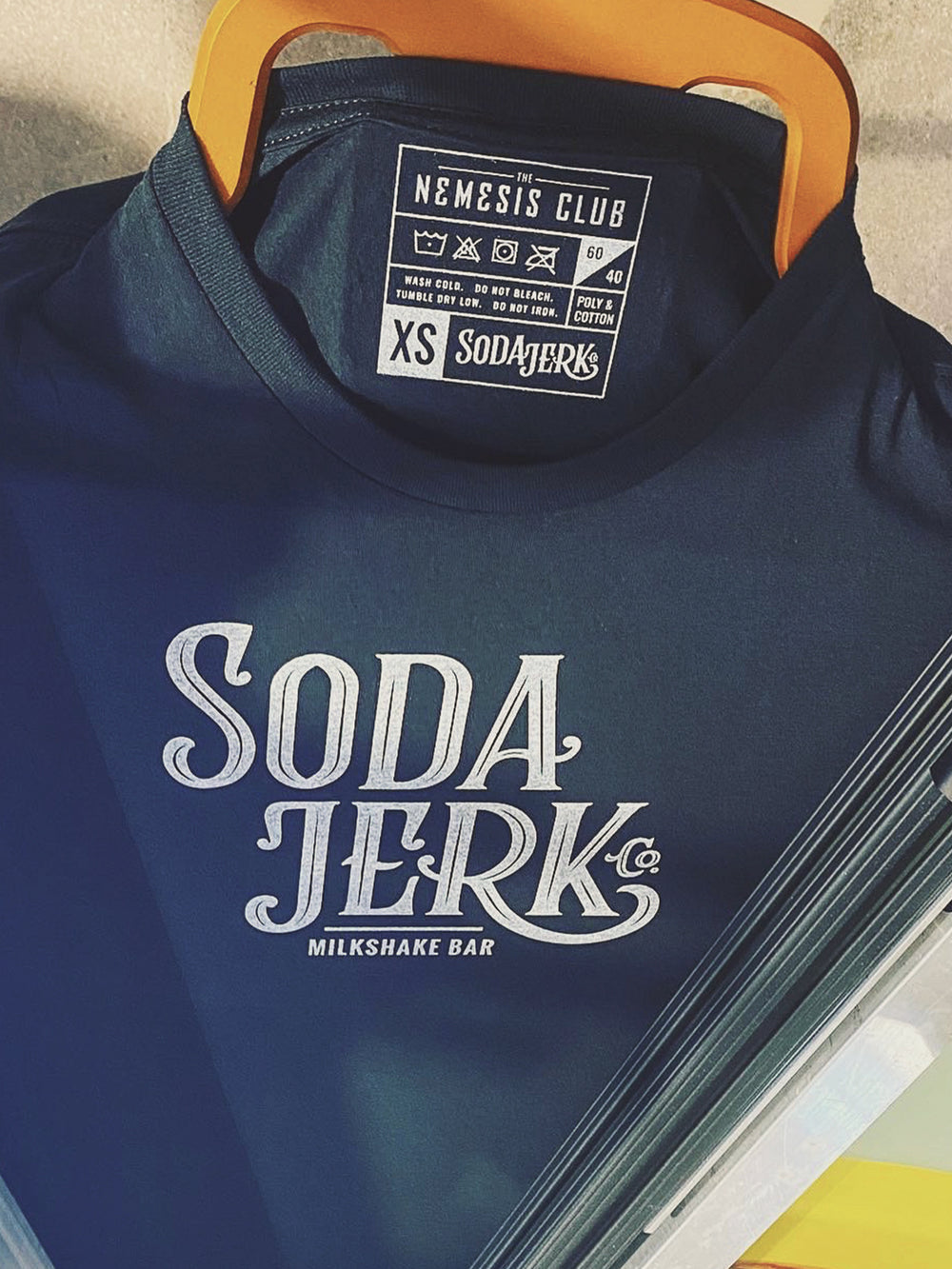 Soda Jerk tagless neck label printed inside a tee
