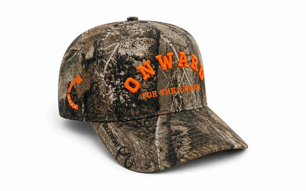 Camo baseball cap with orange 3D puff embroidery reading ONWARD and FOR THE KINGDOM, custom hat made in the USA