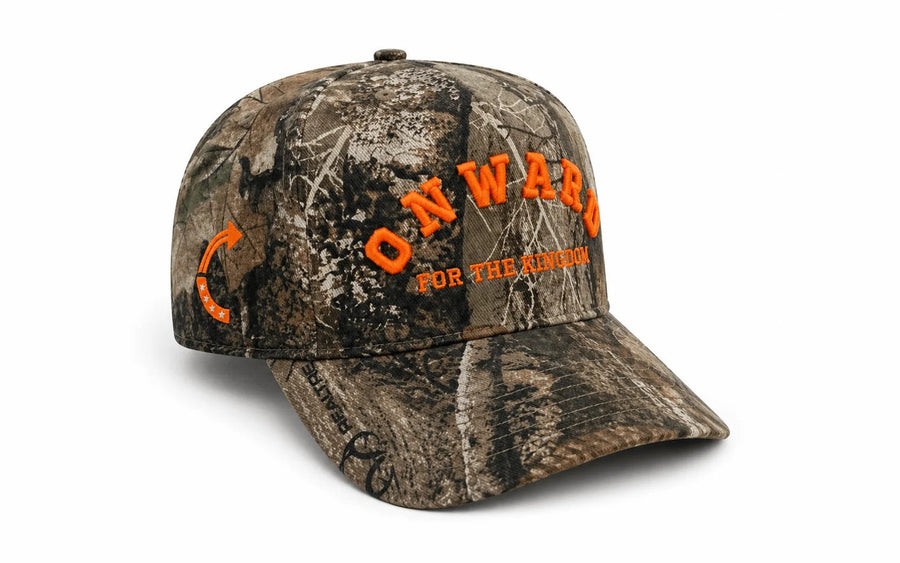 Camo baseball cap with orange 3D puff embroidery reading ONWARD and FOR THE KINGDOM, custom hat made in the USA