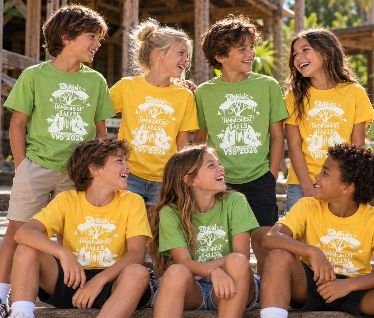 Kids in custom Rainforest Falls VBS 2026 shirts printed by Superluxe Merch