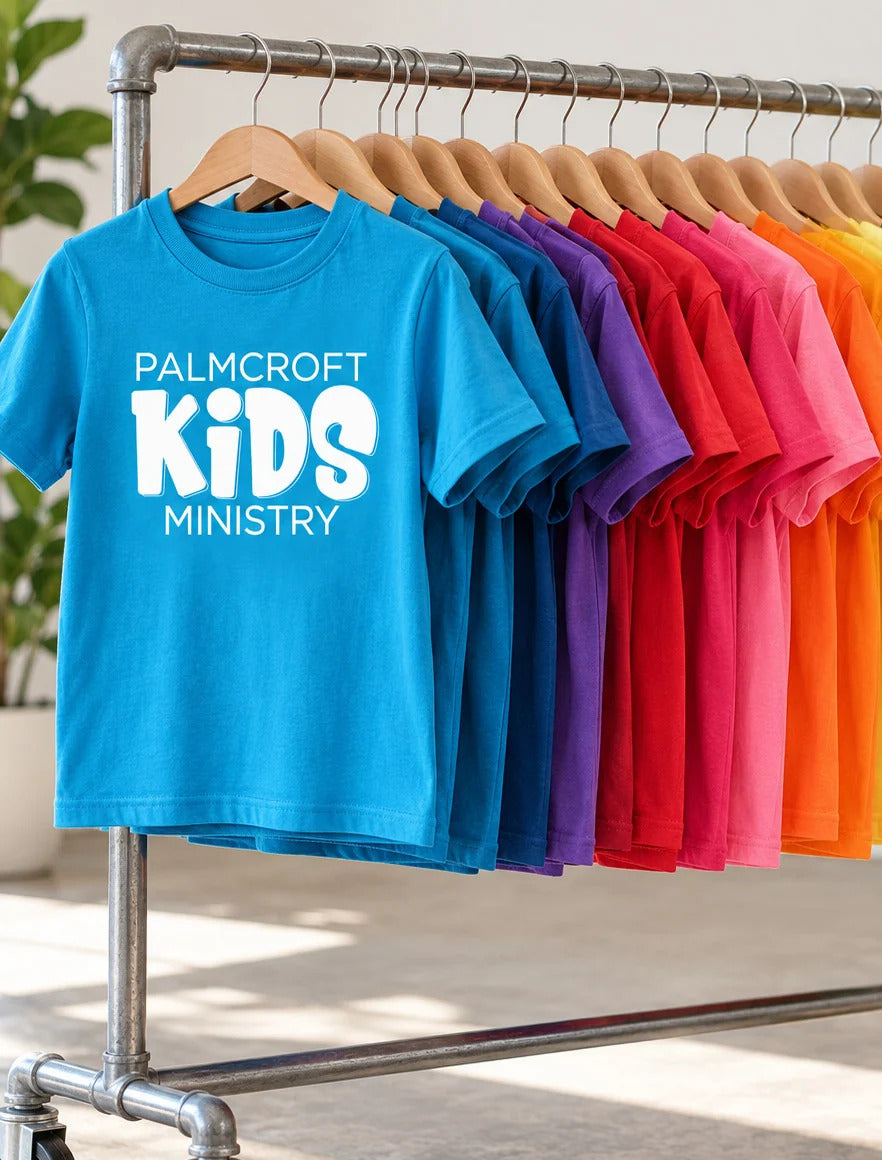 Custom kids ministry tees in every team color printed by Superluxe Merch