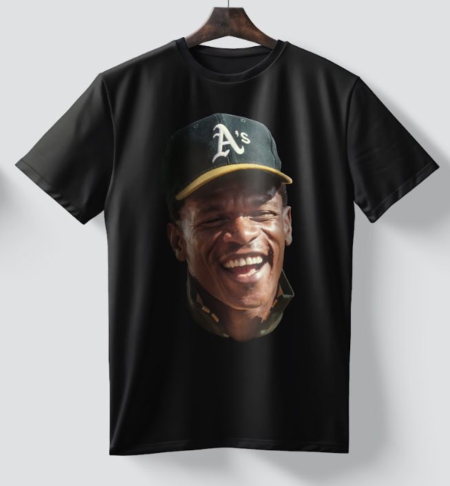 Rickey Henderson tribute tee printed by Superluxe Merch for the Athletics
