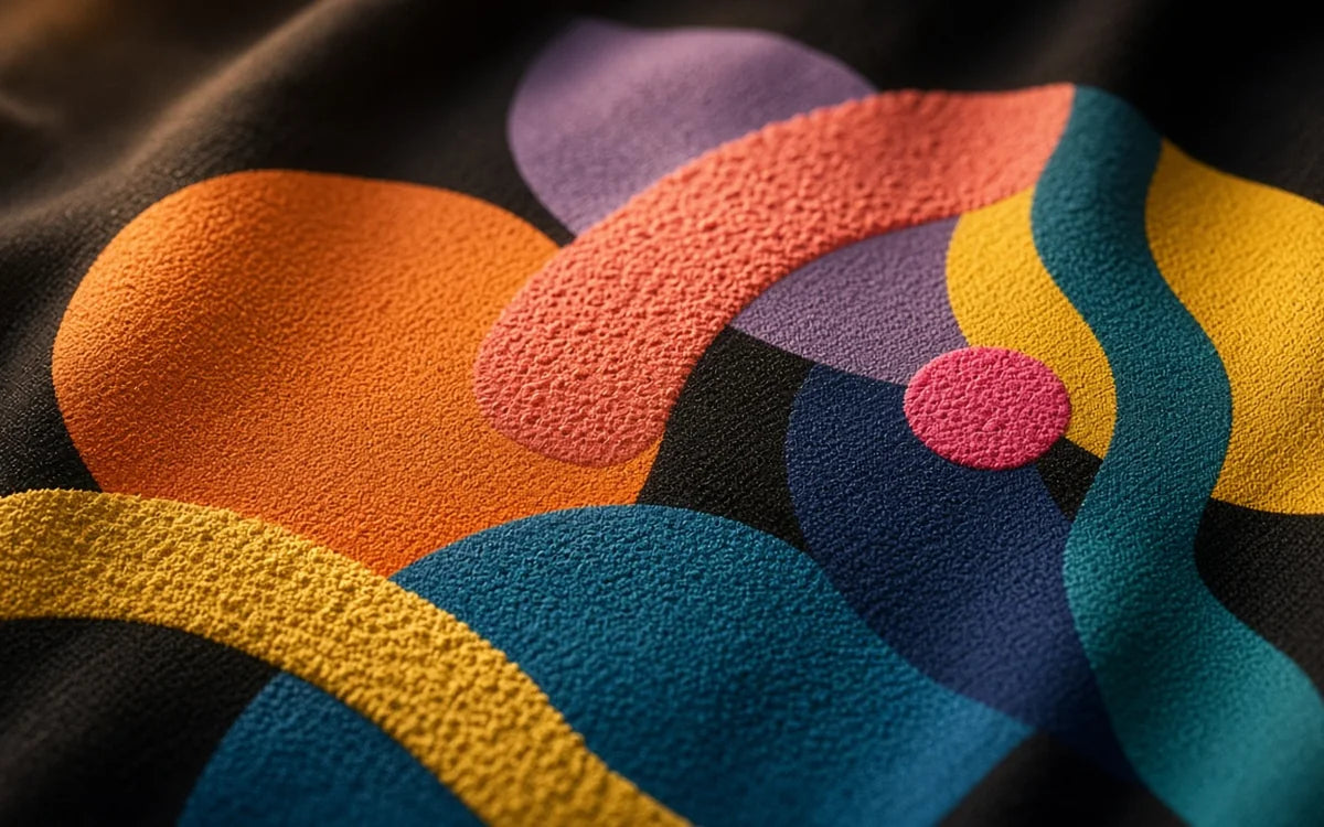 Close-up of a bright high-opacity water-based print with raised puff accents on a dark tee