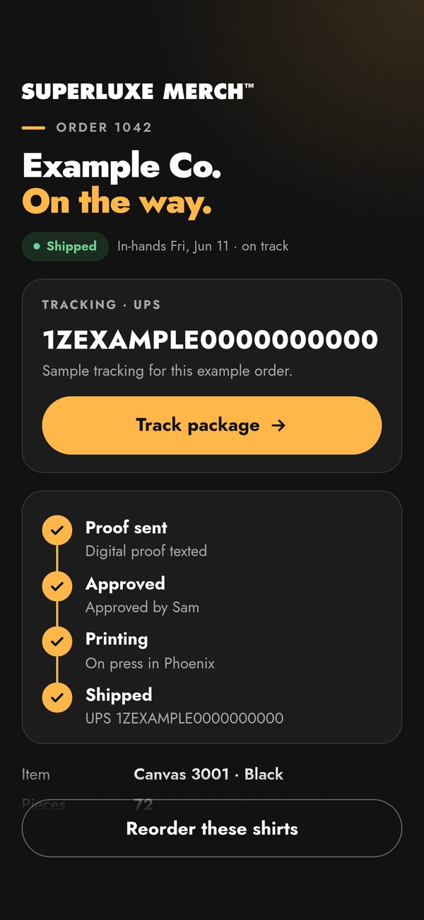 Example status screen for a shipped order with a sample tracking number