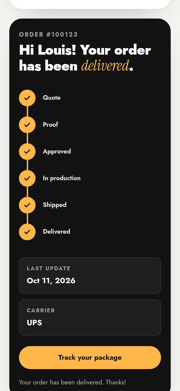 Example Track your order result: Hi Louis! Your order has been delivered, with every step checked