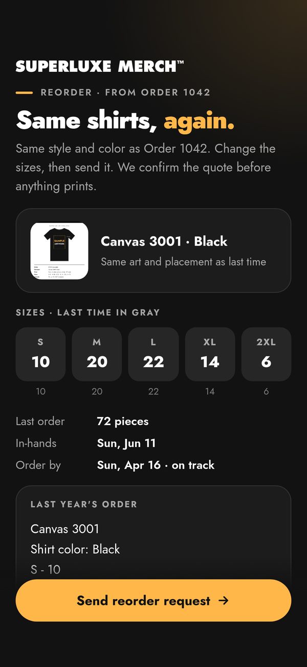 Example reorder screen with sizes from the last order filled in