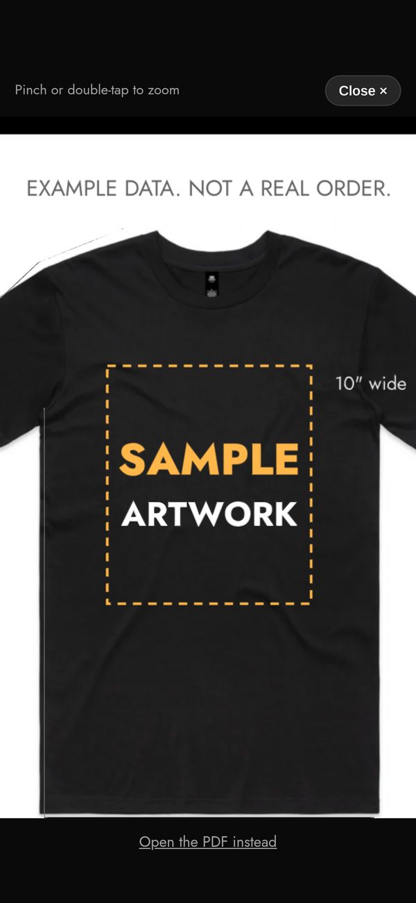 Example zoomed-in proof on a phone: the print area of a black tee filling the screen, with Close and Open the PDF instead