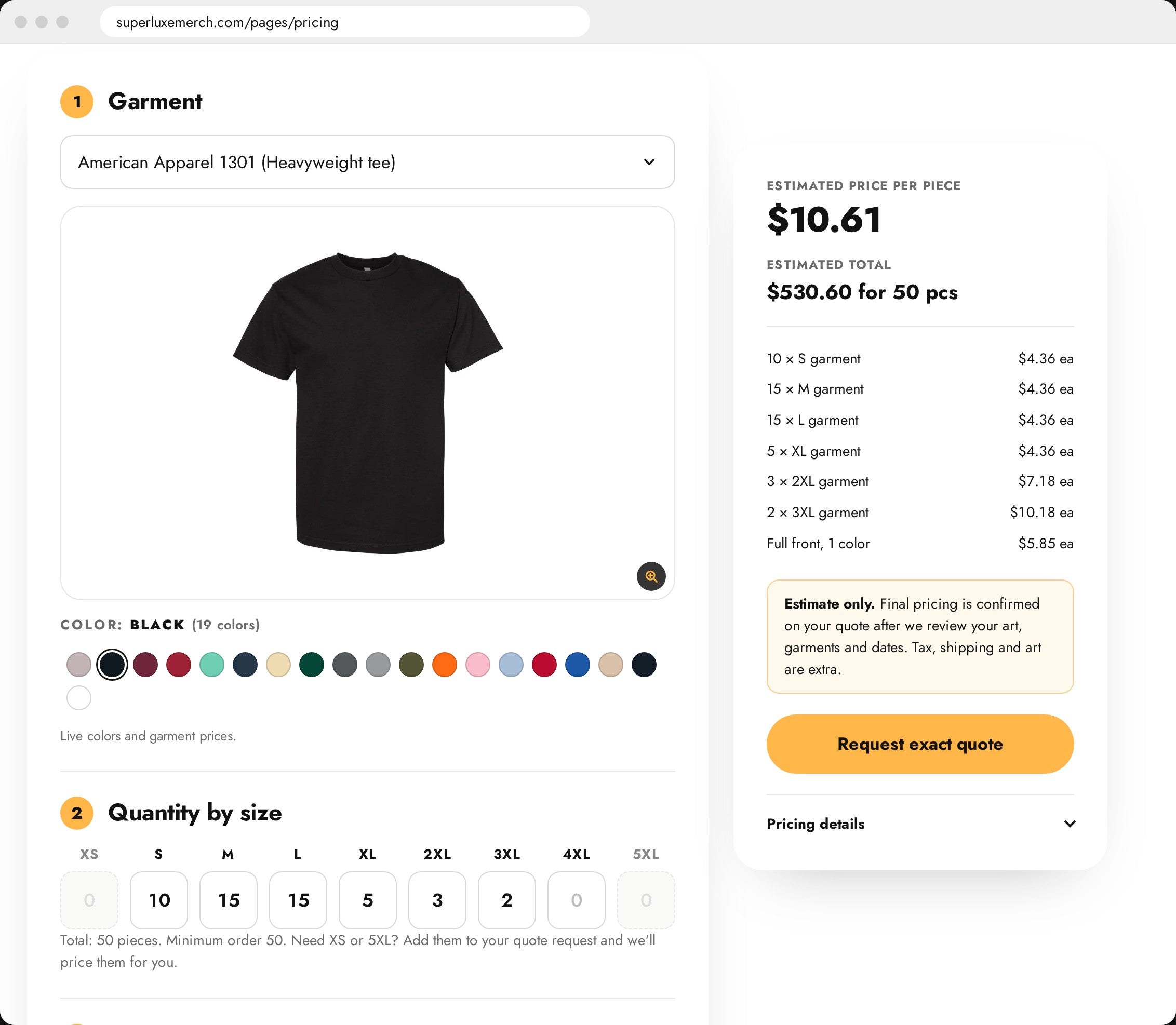 Superluxe instant pricing estimator showing an American Apparel 1301 tee in Black